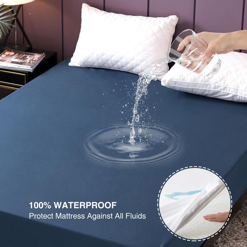 NTBED Waterproof Mattress Protector Cover Queen Size 14 inches Deep Pocket Polyester Bed Pad Cover Solid Color Fitted Sheet (60â€˜â€™x80â€˜â€™ (Dark Blue, Queen) - Image 2